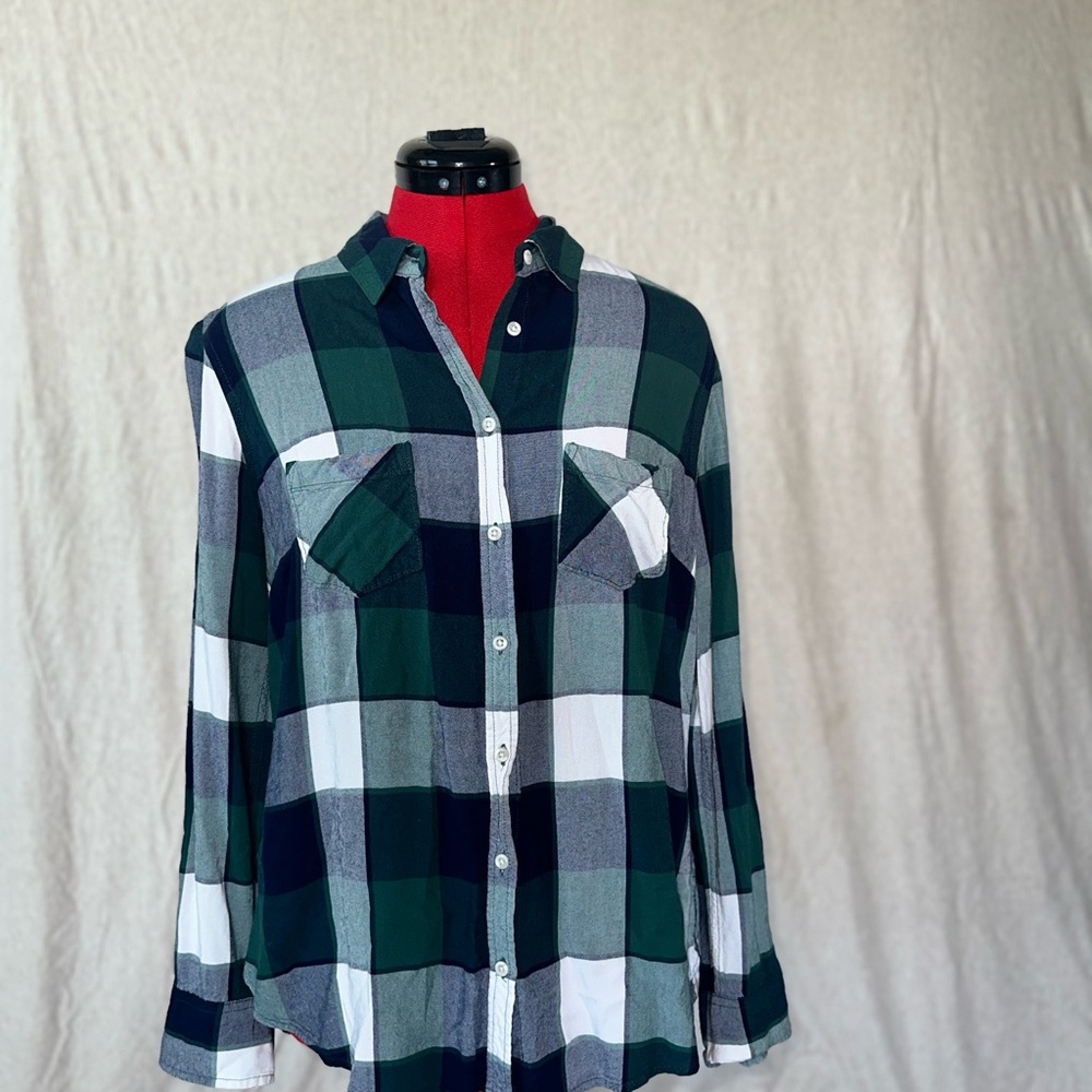 Green and White Plaid Button-Up Shirt
